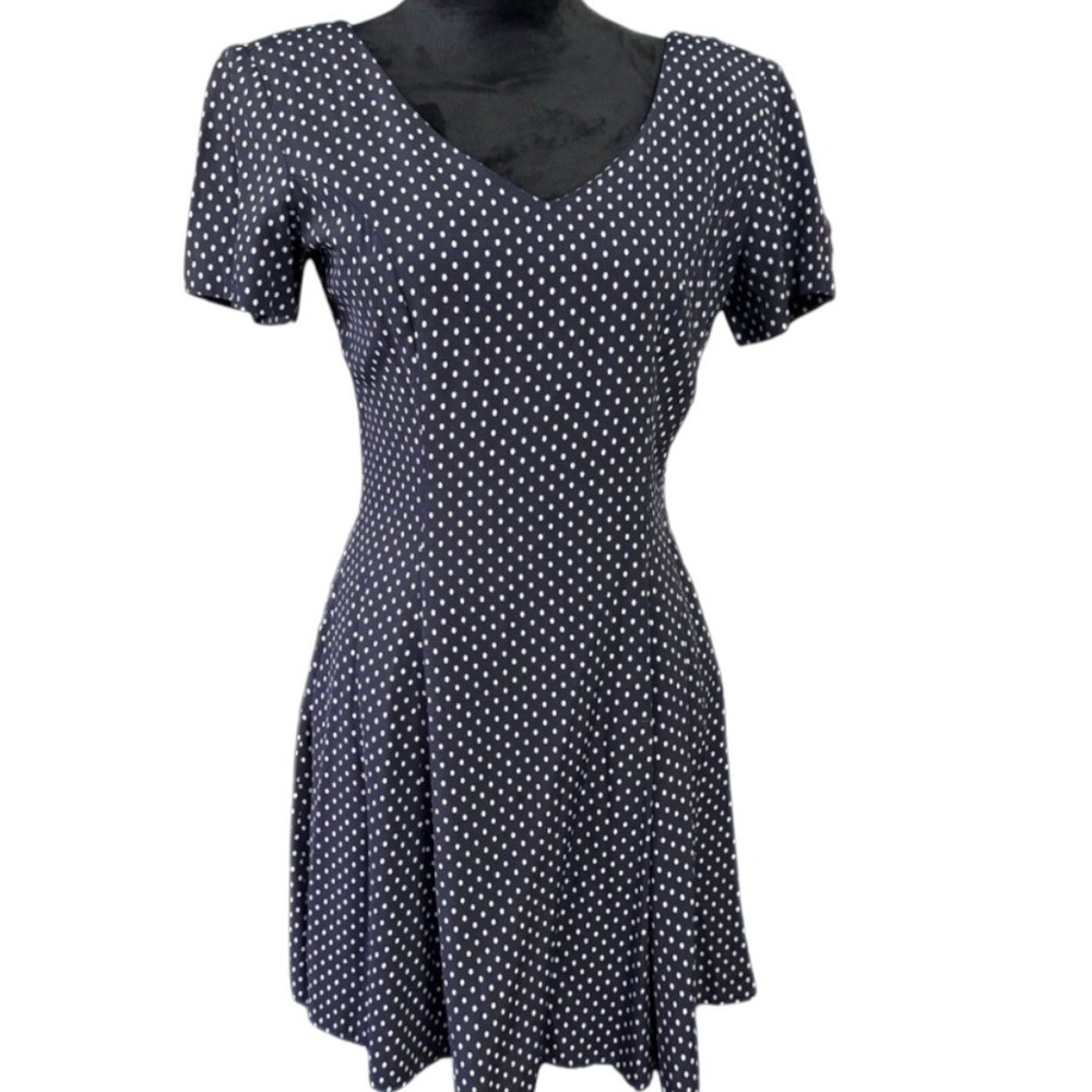 Vintage Young Edwardian Polka Dot Mini Dress Navy Side Buttons Size 5